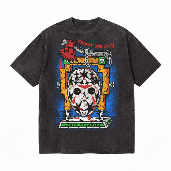 LAWLESSROW Friday The 13th Jason Mask Vintage Acid Wash Tee