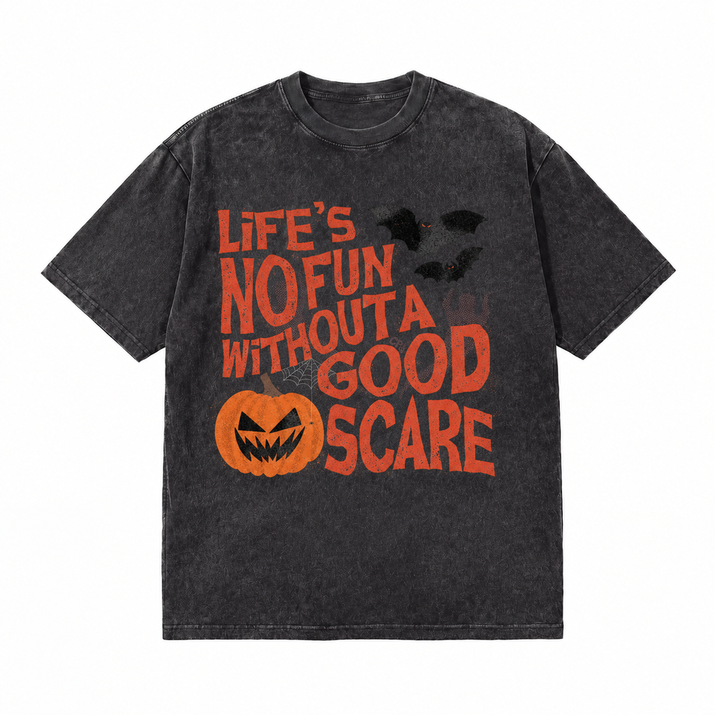 LAWLESSROW Life’s No Fun Without A Good Scare Halloween Pumpkin Vintage Acid Wash Tee