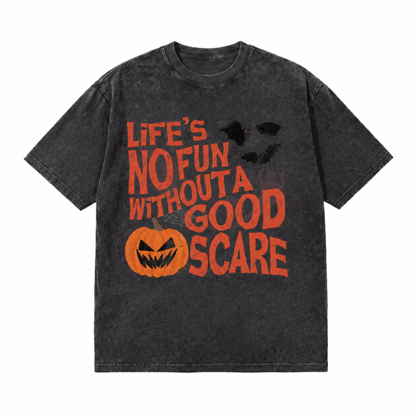 LAWLESSROW Life’s No Fun Without A Good Scare Halloween Pumpkin Vintage Acid Wash Tee