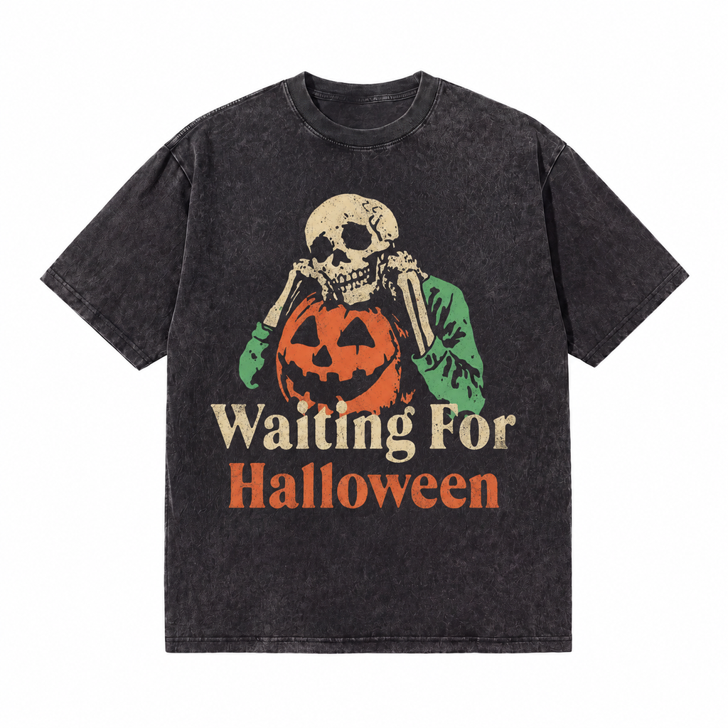 LAWLESSROW Waiting For Halloween Skeleton Pumpkin Vintage Acid Wash Tee