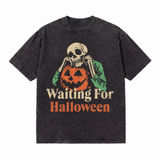 LAWLESSROW Waiting For Halloween Skeleton Pumpkin Vintage Acid Wash Tee