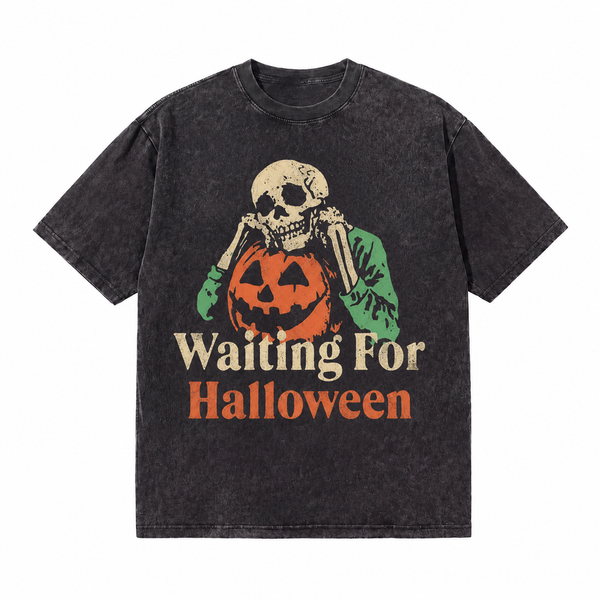LAWLESSROW Waiting For Halloween Skeleton Pumpkin Vintage Acid Wash Tee