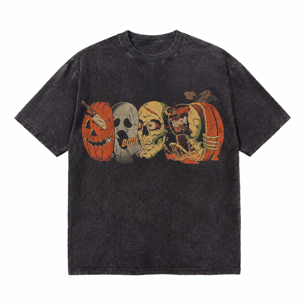 LAWLESSROW Halloween Pumpkin Ghost Skull Barrel Vintage Acid Wash Tee