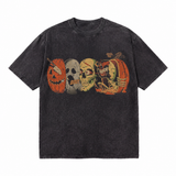 LAWLESSROW Halloween Pumpkin Ghost Skull Barrel Vintage Acid Wash Tee