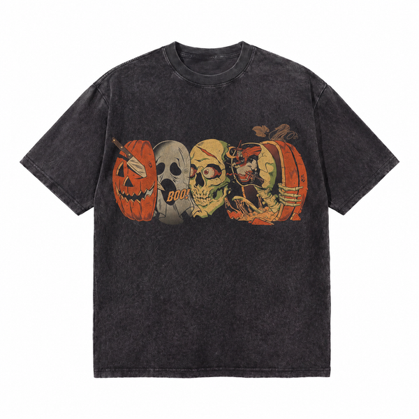 LAWLESSROW Halloween Pumpkin Ghost Skull Barrel Vintage Acid Wash Tee