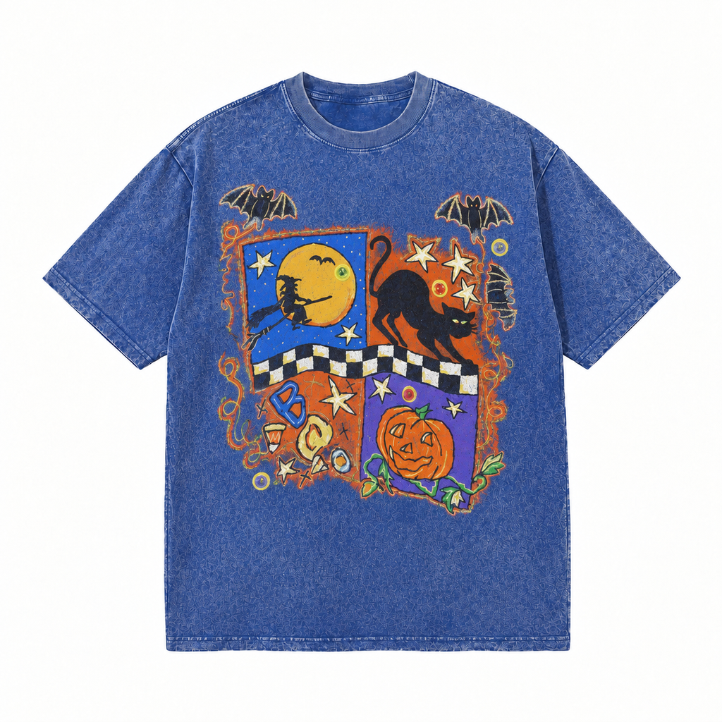 LAWLESSROW Halloween Patchwork Witch Cat Pumpkin Vintage Acid Wash Tee