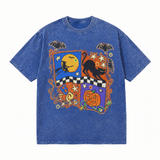 LAWLESSROW Halloween Patchwork Witch Cat Pumpkin Vintage Acid Wash Tee