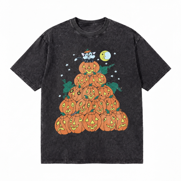 LAWLESSROW Stacked Pumpkin Cat Moon Vintage Acid Wash Tee