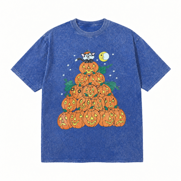 LAWLESSROW Stacked Pumpkin Cat Moon Vintage Acid Wash Tee - hover
