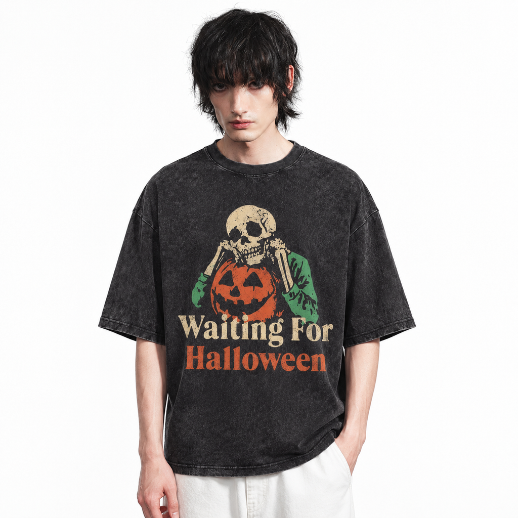 LAWLESSROW Waiting For Halloween Skeleton Pumpkin Vintage Acid Wash Tee
