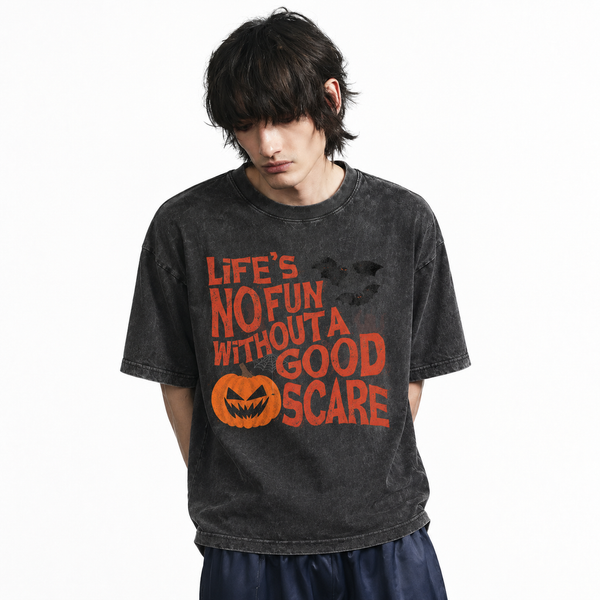 LAWLESSROW Life’s No Fun Without A Good Scare Halloween Pumpkin Vintage Acid Wash Tee - hover