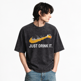 LAWLESSROW Just Drink It Beer Swoosh Parody Vintage Acid Wash Tee