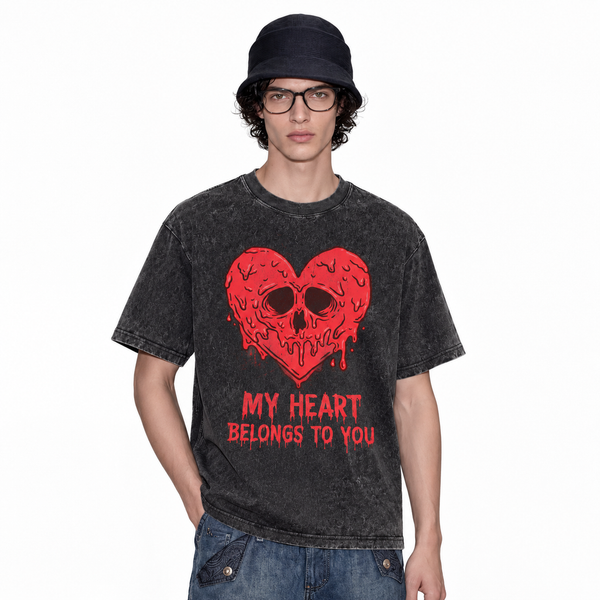 LAWLESSROW My Heart Belongs To You Skull Heart Vintage Acid Wash Tee - hover
