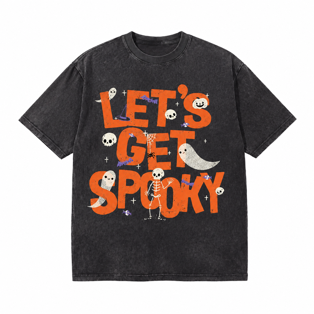 LAWLESSROW Let's Get Spooky Halloween Ghost Skeleton Vintage Acid Wash Tee