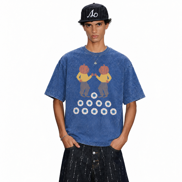 LAWLESSROW Twin Pumpkin Head Eyeball Vintage Acid Wash Tee - hover