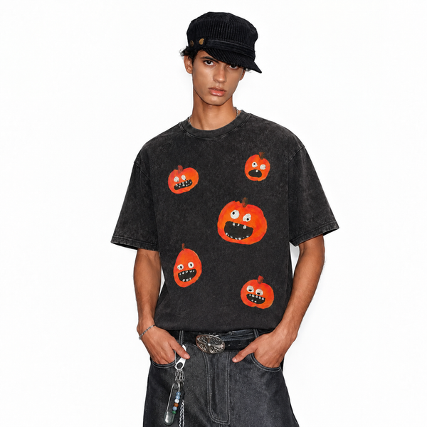 LAWLESSROW Hand Drawn Scattered Pumpkin Faces Vintage Acid Wash Tee - hover