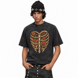 LAWLESSROW Skeleton Ribcage Heart Halloween Candy Vintage Acid Wash Tee