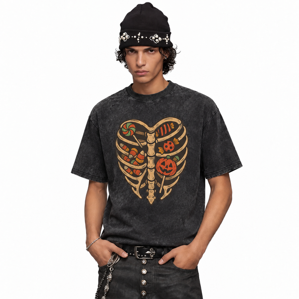 LAWLESSROW Skeleton Ribcage Heart Halloween Candy Vintage Acid Wash Tee - hover