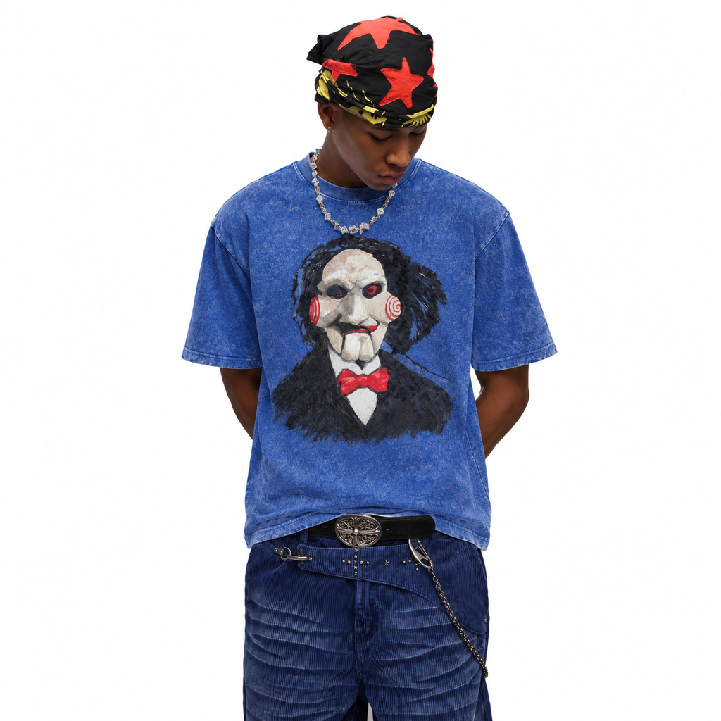LAWLESSROW Billy The Puppet Horror Sketch Vintage Acid Wash Tee