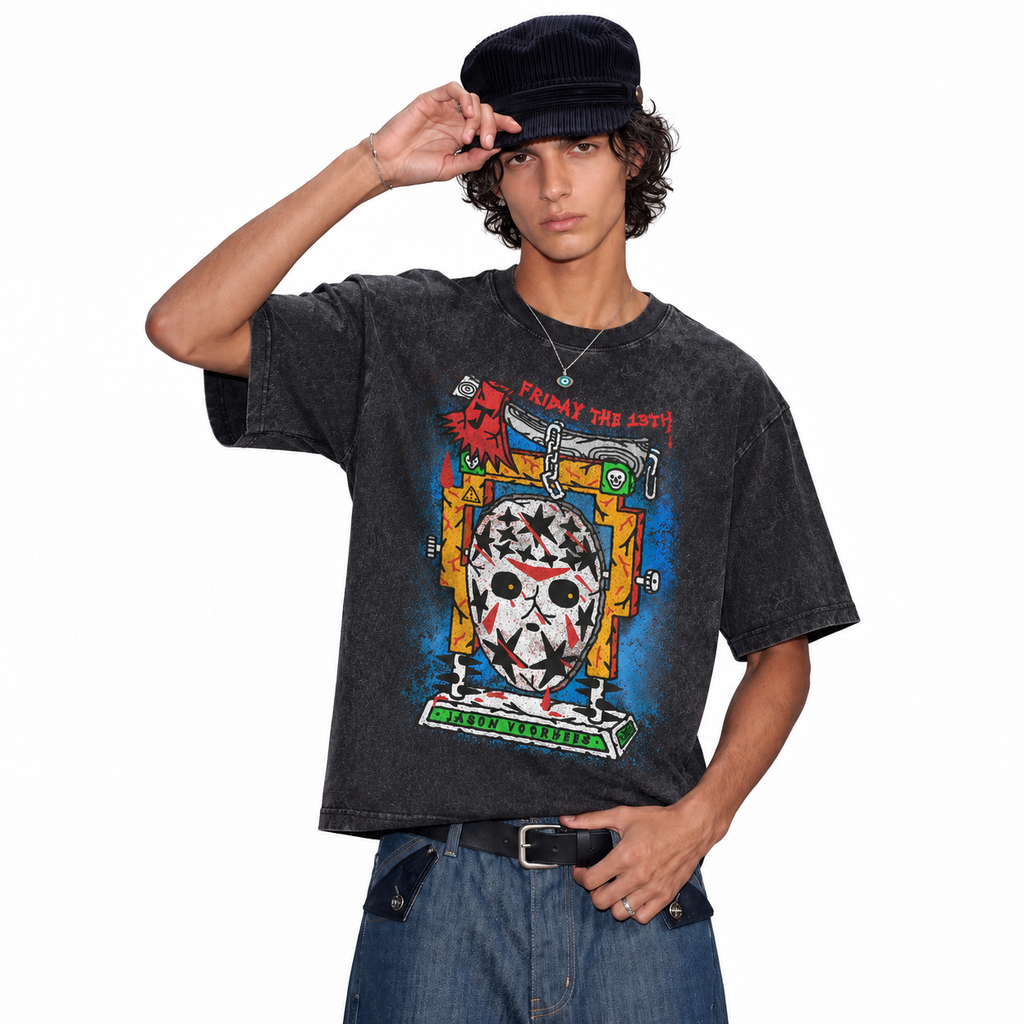 LAWLESSROW Friday The 13th Jason Mask Vintage Acid Wash Tee