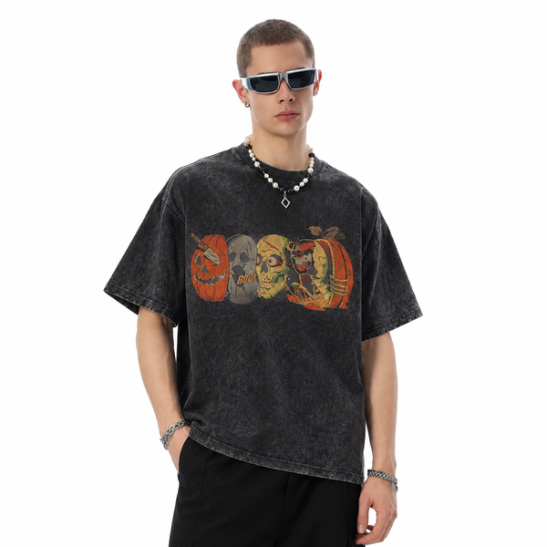 LAWLESSROW Halloween Pumpkin Ghost Skull Barrel Vintage Acid Wash Tee - hover