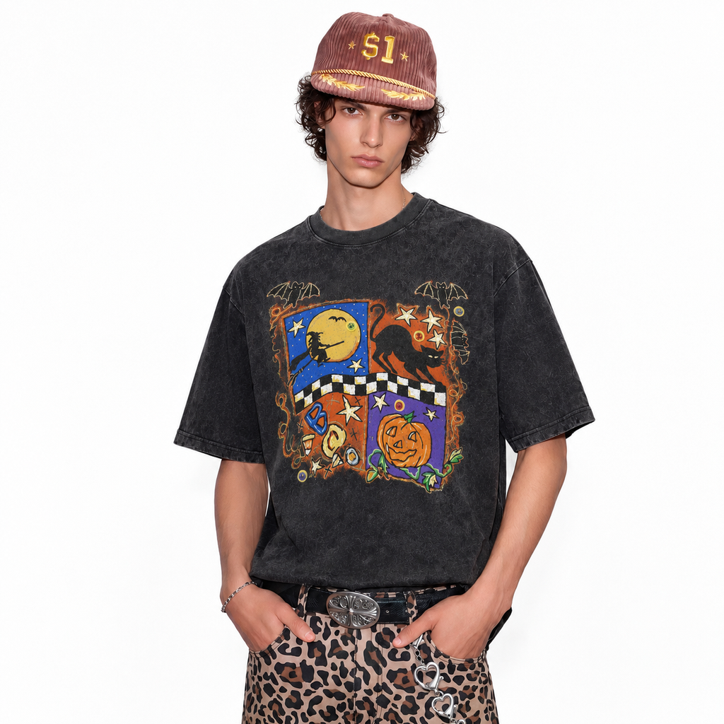 LAWLESSROW Halloween Patchwork Witch Cat Pumpkin Vintage Acid Wash Tee