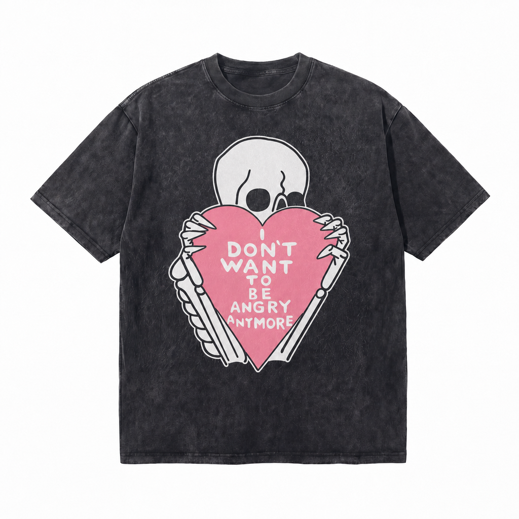 LAWLESSROW I Don't Want To Be Angry Anymore Skeleton Heart Vintage Acid Wash Tee