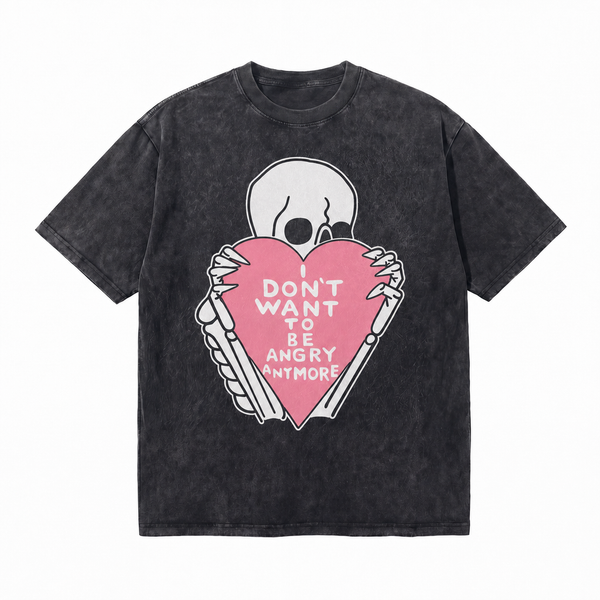 LAWLESSROW I Don't Want To Be Angry Anymore Skeleton Heart Vintage Acid Wash Tee