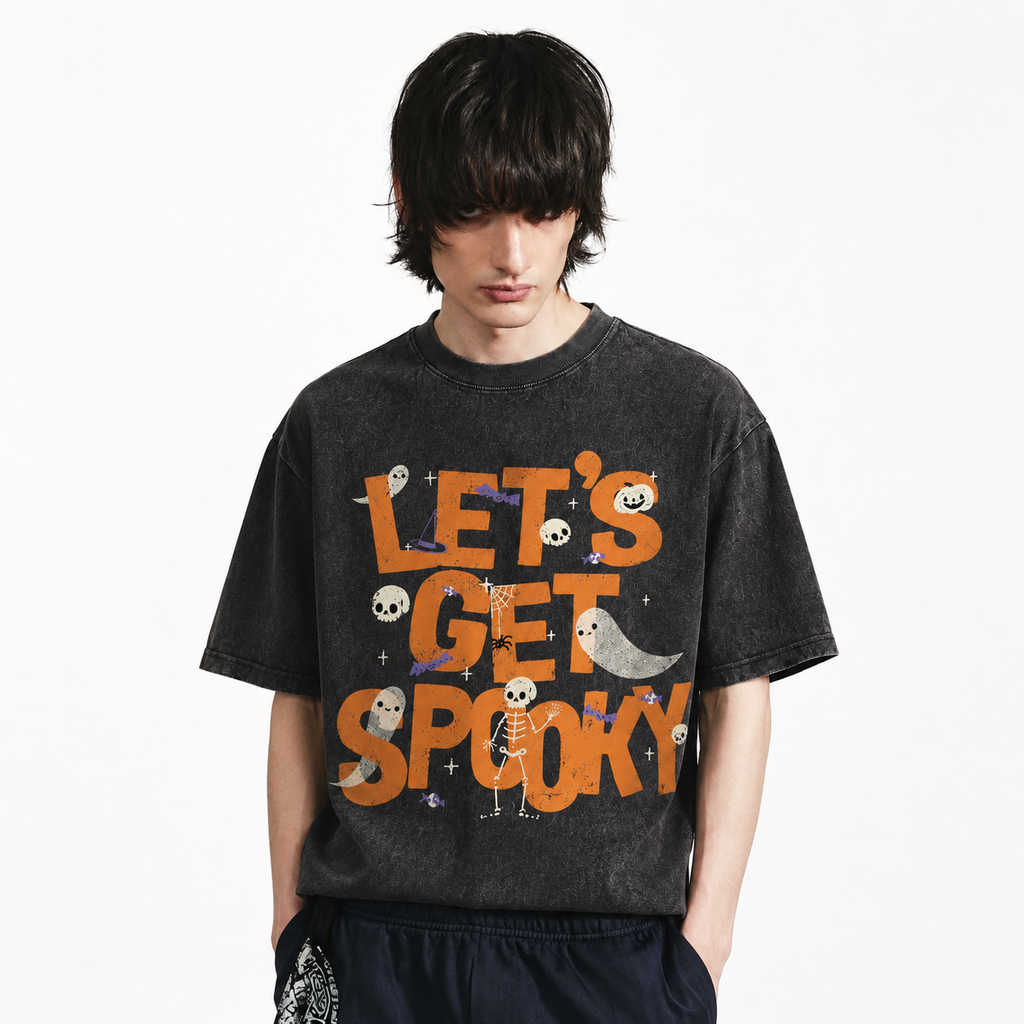 LAWLESSROW Let's Get Spooky Halloween Ghost Skeleton Vintage Acid Wash Tee