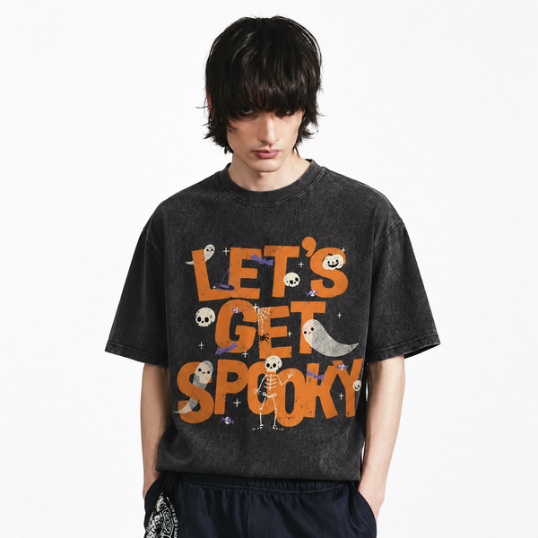 LAWLESSROW Let's Get Spooky Halloween Ghost Skeleton Vintage Acid Wash Tee - hover