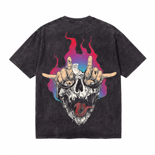 LAWLESSROW Rock Hand Skull Gradient Flame Vintage Acid Wash Tee