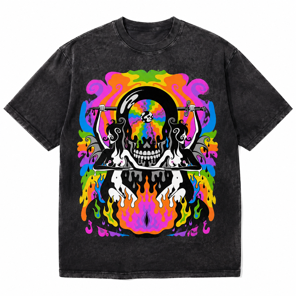 LAWLESSROW Trippy Rainbow Demon Skull Vintage Acid Wash Tee