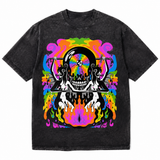 LAWLESSROW Trippy Rainbow Demon Skull Vintage Acid Wash Tee