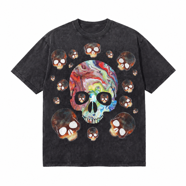 LAWLESSROW Trippy Marble Skull Cluster Vintage Acid Wash Tee