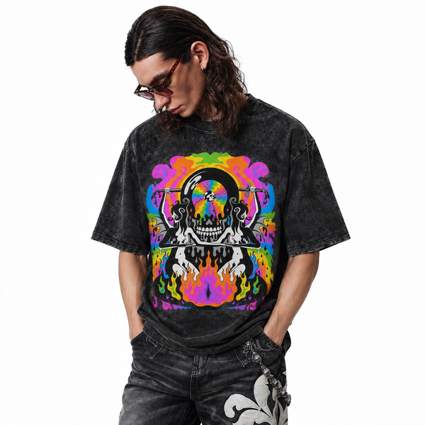 LAWLESSROW Trippy Rainbow Demon Skull Vintage Acid Wash Tee - hover