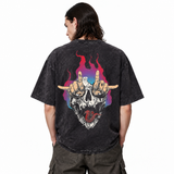 LAWLESSROW Rock Hand Skull Gradient Flame Vintage Acid Wash Tee