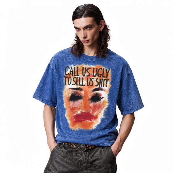 LAWLESSROW "Call Us Ugly" Slogan & Portrait Vintage Acid Wash Tee - hover
