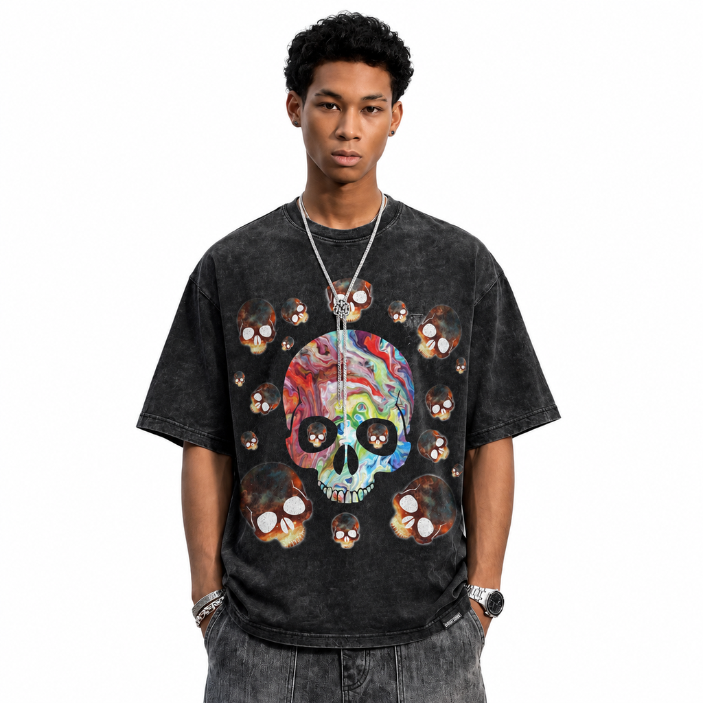 LAWLESSROW Trippy Marble Skull Cluster Vintage Acid Wash Tee