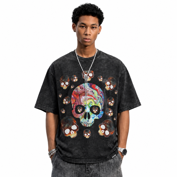 LAWLESSROW Trippy Marble Skull Cluster Vintage Acid Wash Tee - hover