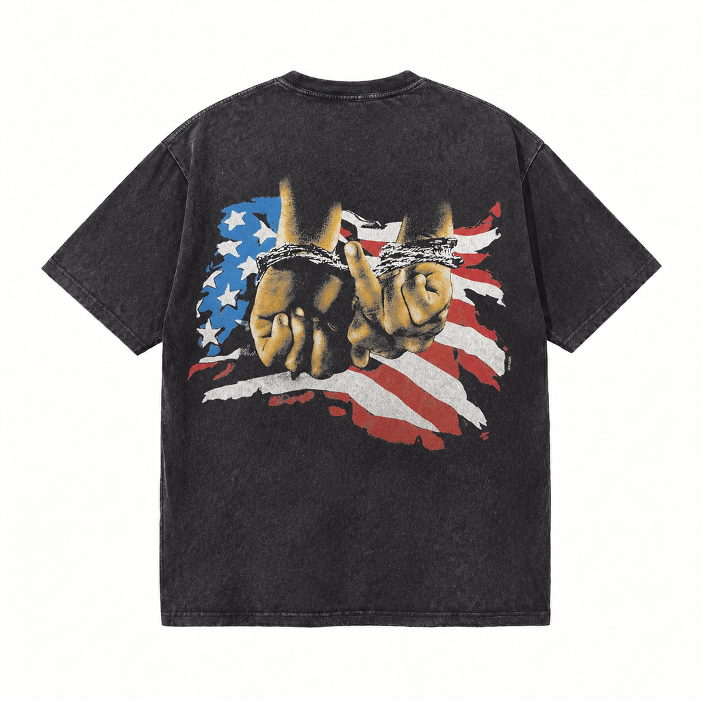 LAWLESSROW Bound Hands American Flag Back Print Vintage Acid Wash Tee