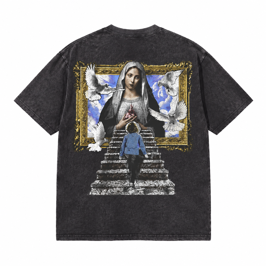 LAWLESSROW Madonna Golden Frame Stairway Back Print Vintage Acid Wash Tee