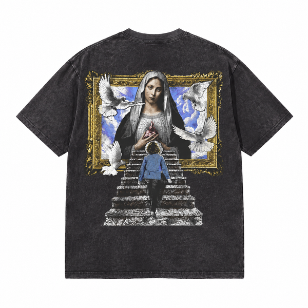 LAWLESSROW Madonna Golden Frame Stairway Back Print Vintage Acid Wash Tee