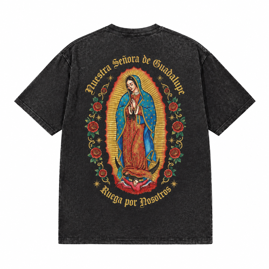 LAWLESSROW Nuestra Señora De Guadalupe Blessed Back Print Vintage Acid Wash Tee