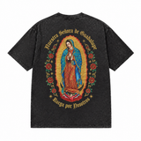 LAWLESSROW Nuestra Señora De Guadalupe Blessed Back Print Vintage Acid Wash Tee