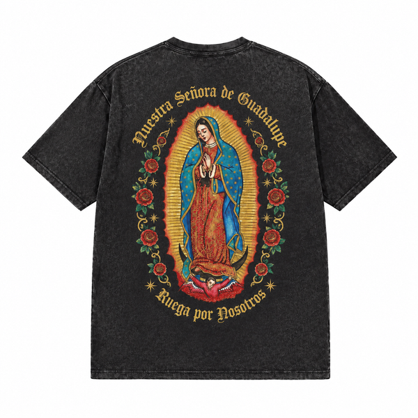 LAWLESSROW Nuestra Señora De Guadalupe Blessed Back Print Vintage Acid Wash Tee