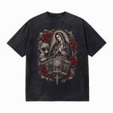 LAWLESSROW Virgin Mary Tarot Skull Rose Vintage Acid Wash Tee