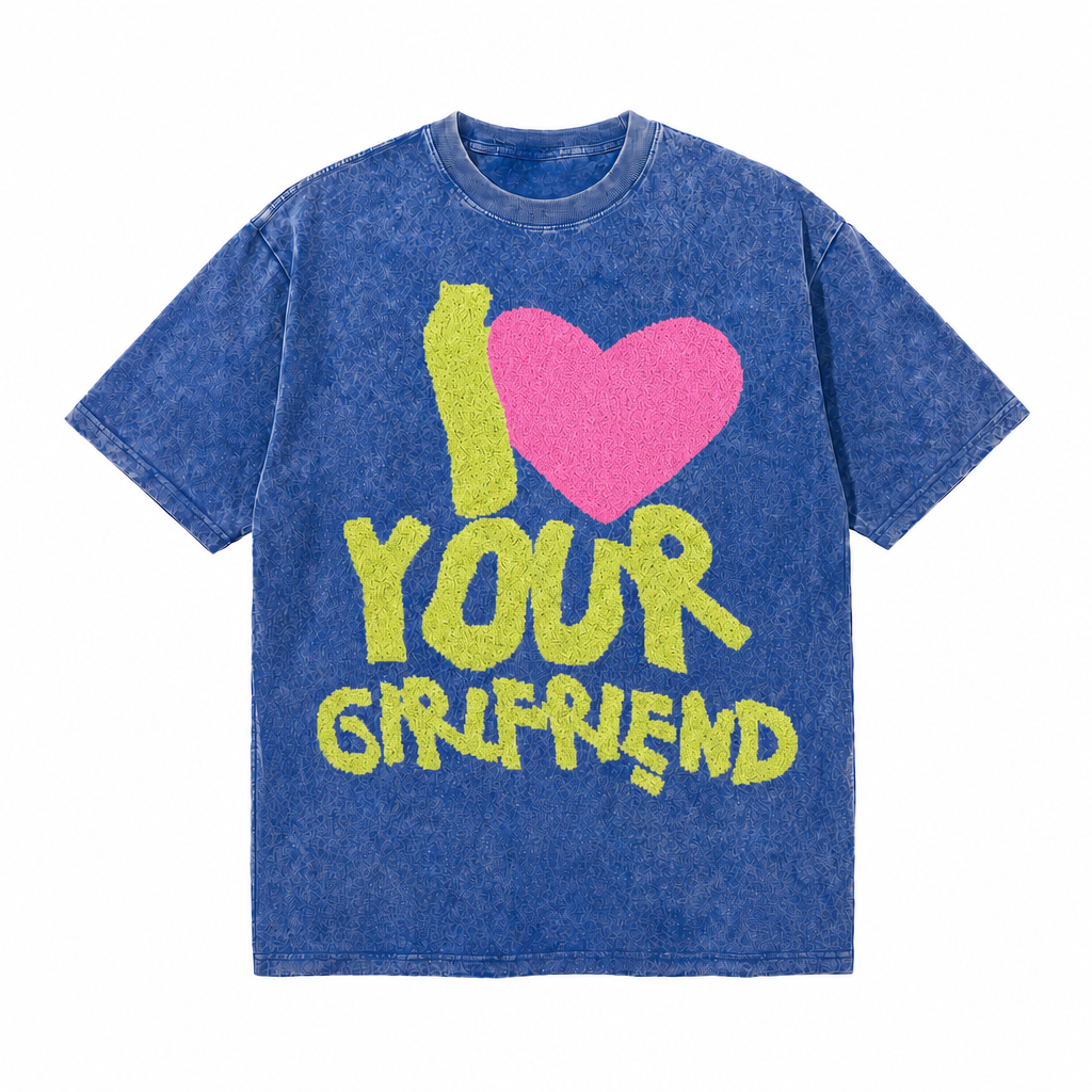 LAWLESSROW I Love Your Girlfriend Lime Furry Heart Vintage Acid Wash Tee
