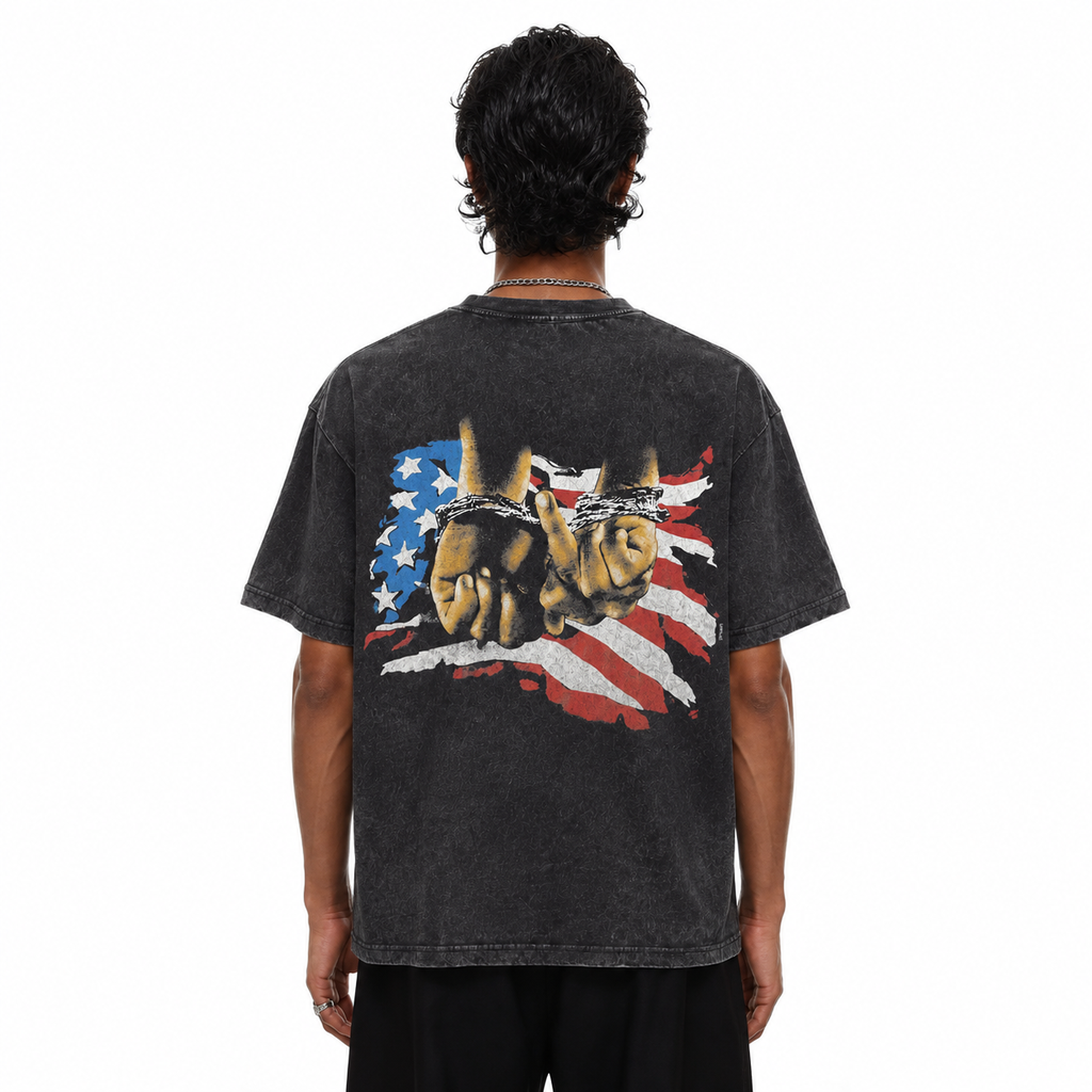 LAWLESSROW Bound Hands American Flag Back Print Vintage Acid Wash Tee