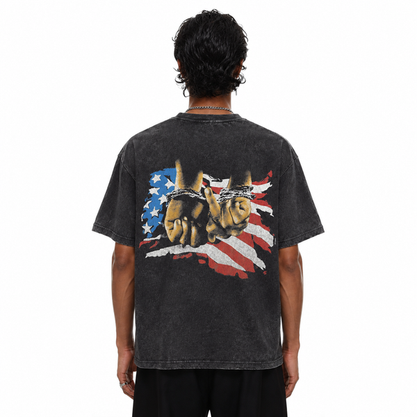 LAWLESSROW Bound Hands American Flag Back Print Vintage Acid Wash Tee - hover