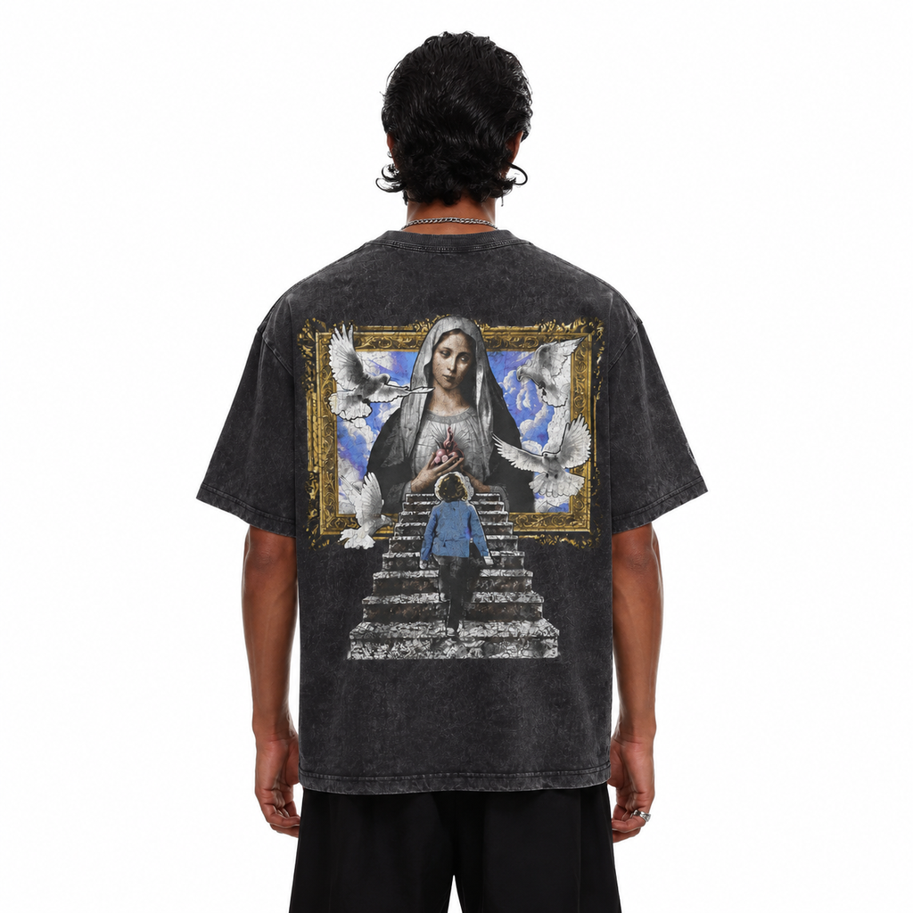 LAWLESSROW Madonna Golden Frame Stairway Back Print Vintage Acid Wash Tee